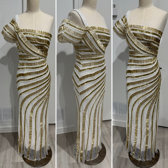 Mac Duggal Gold Goddess Beaded One Shoulder White Gown - Sample - Size 2 - Picture 1 of 14